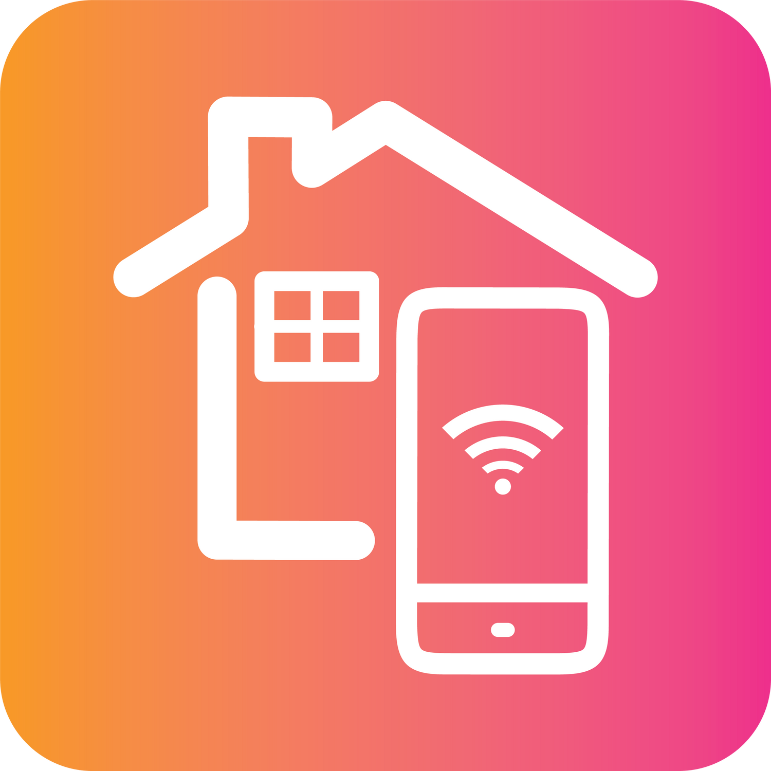 Round edge square with a gradient of Pink to orange from right to left with a house and smart phone over lapping on it in white.