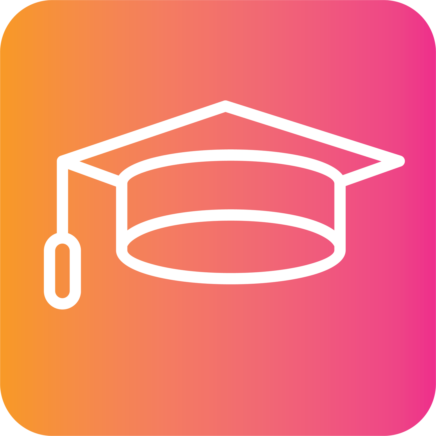 Round edge square with a gradient of Pink to orange from right to left with a graduation cap in white.